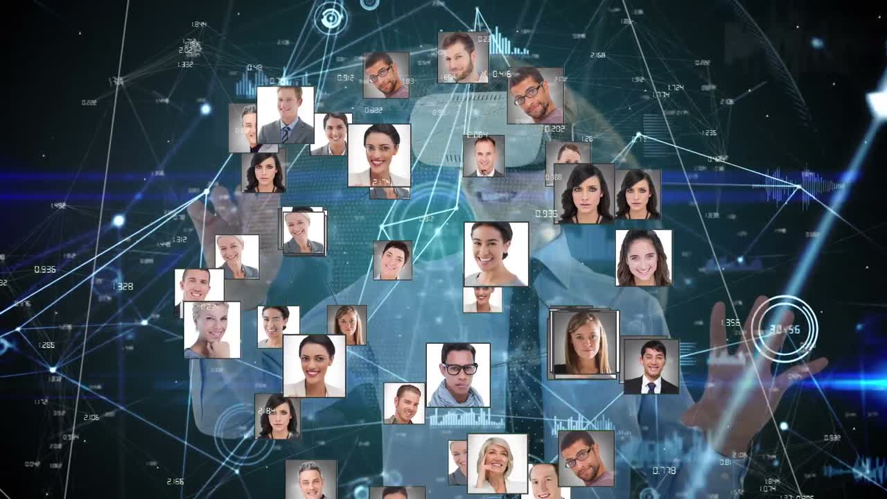Animation of globe of network of connections with people's photos and businessman in vr headset