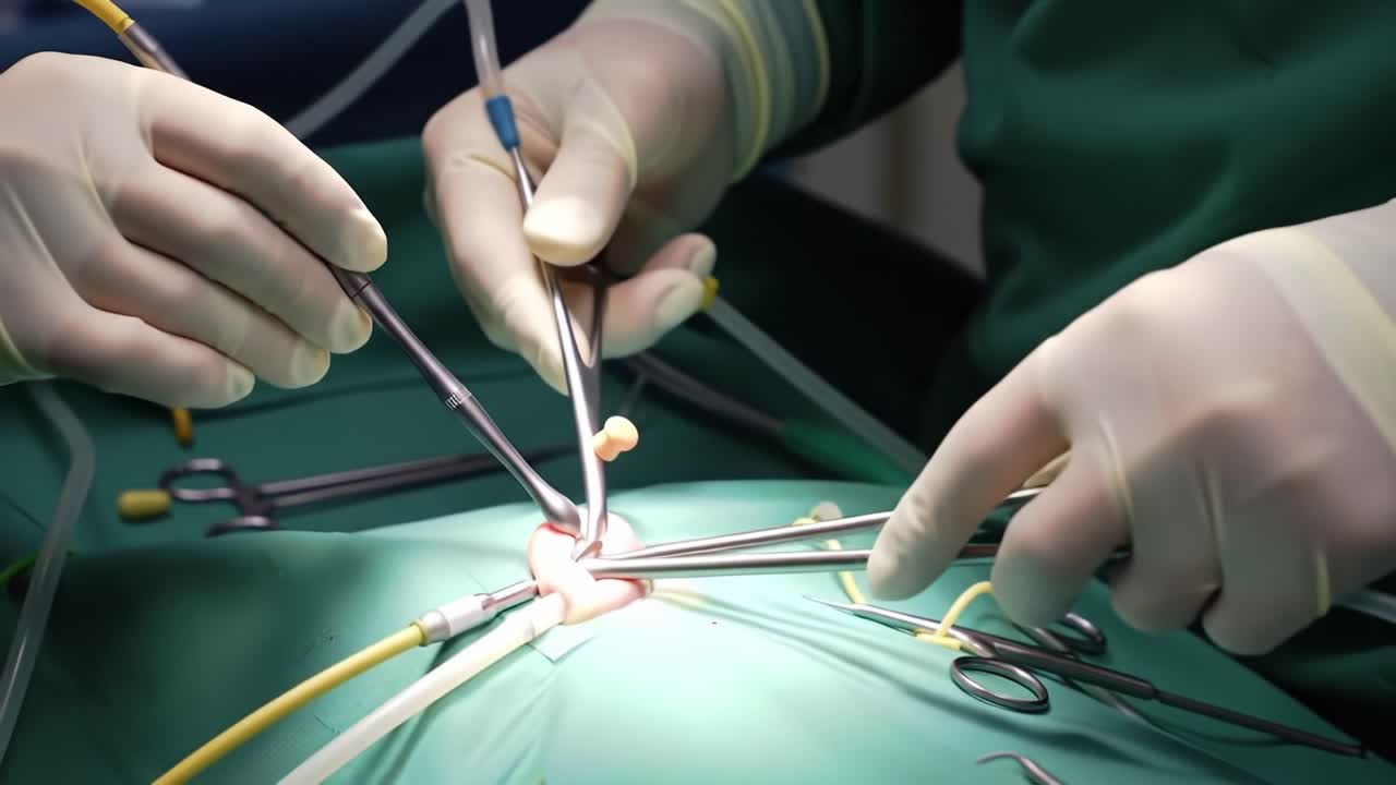 Surgeons Performing Complex Procedure in Operating Room with Surgical Instruments, Highlighting Precision and Focus in Medical Practice for Patient Care