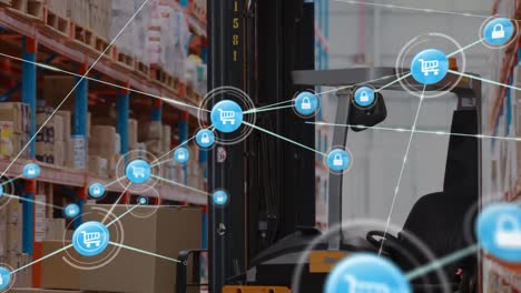 Animation-Von-Verbindungsnetzwerken-Mit-Trolley-Symbolen-über-Gabelstapler-Im-Lager