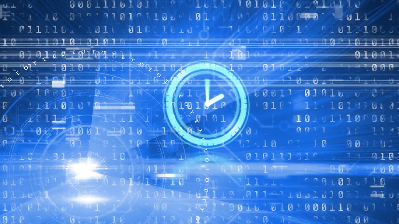 Animation of moving clock and data processing over blue shapes on black background
