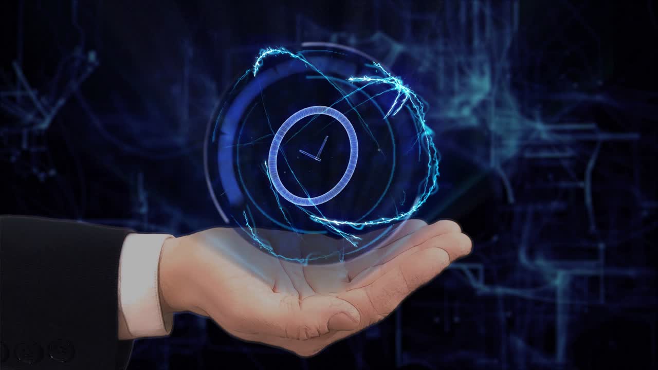 칠한 손은 그의 손에 있는 개념 홀로그램 3d 시계를 보여줍니다.