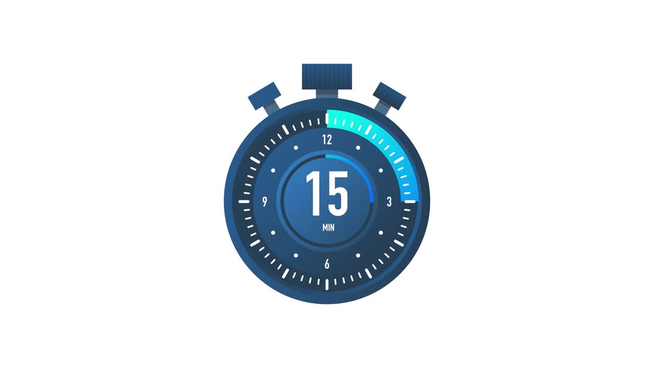 The 15 minutes timer. Stopwatch icon in flat style.Motion graphics.