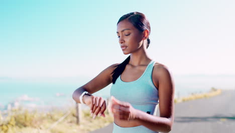 fitness, heartbeat and woman in road with smart
