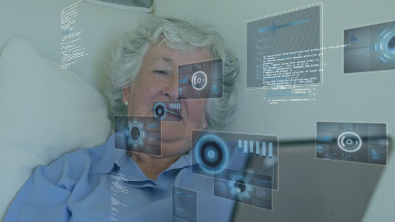 Senior woman gazing at tablet and initiating AR holographic panels displaying graphs code