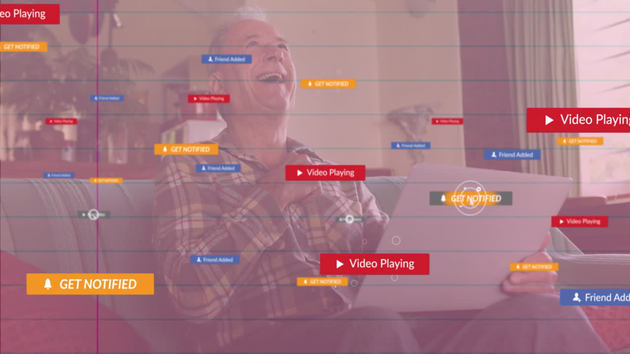 Animation of digital notifications and video overlays, elderly man laughing