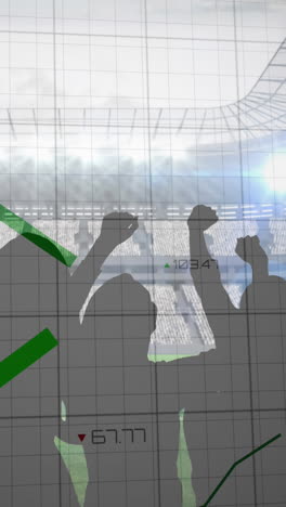 animación de gráficos y procesamiento de datos sobre los aficionados que aplauden en el estadio deportivo