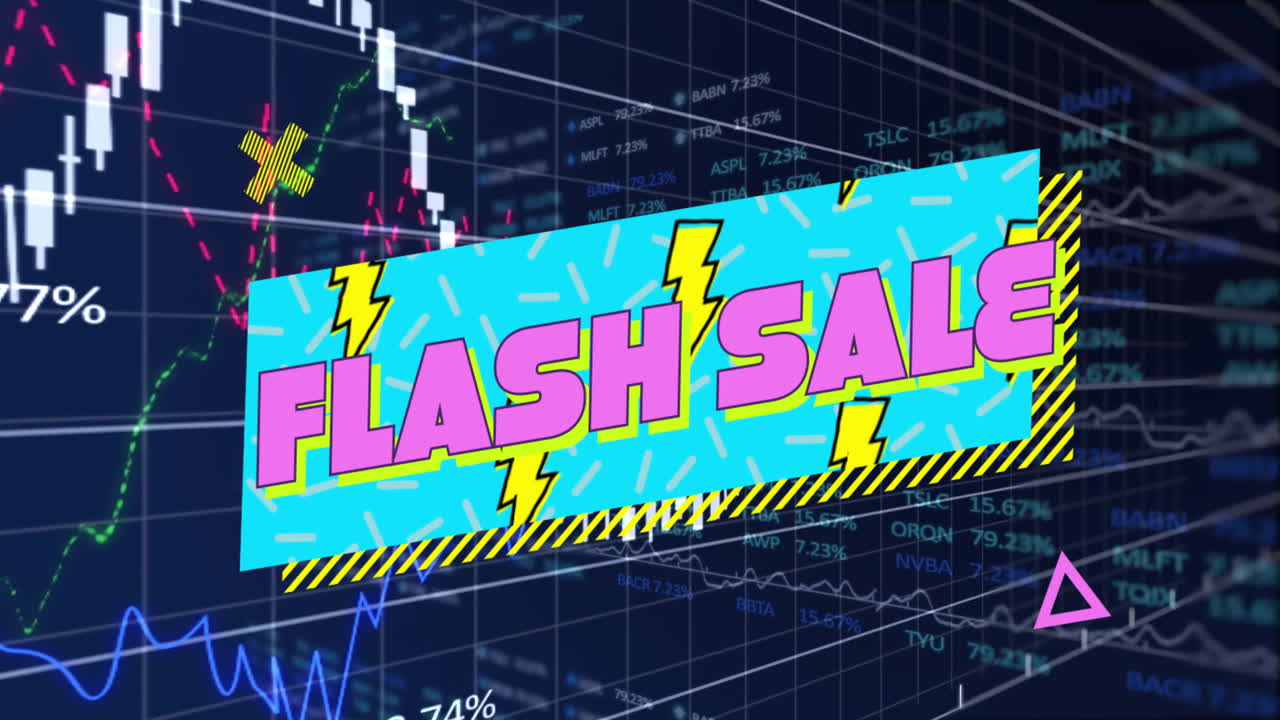 Flash Sale text with lightning bolts over financial stock market data animation