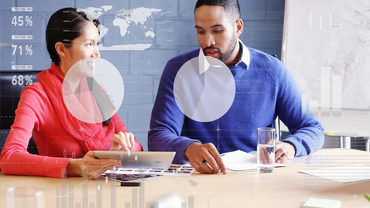 Animation of financial data processing over diverse business people in office