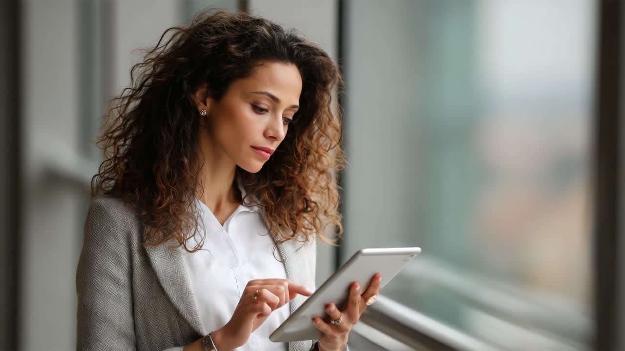 Focused Woman Engaged with Tablet in Modern Office Setting, Emphasizing Technology's Role in Everyday Life and Connectivity in Contemporary Environments