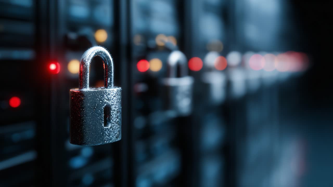A Close-Up Look at Secure Data Storage: Highlighting the Protective Measures in Modern Server Environments with Padlocks and Active Indicators
