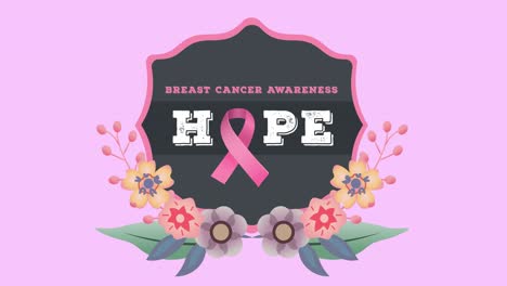 animation of pink ribbon logo and breast cancer text with flowers on pink