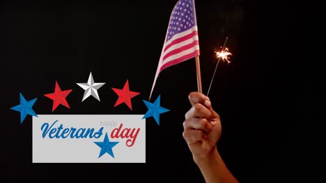 Animation-of-veterans-day-text-and-stars-over-hand-holding-sparkler-and-flag-of-usa