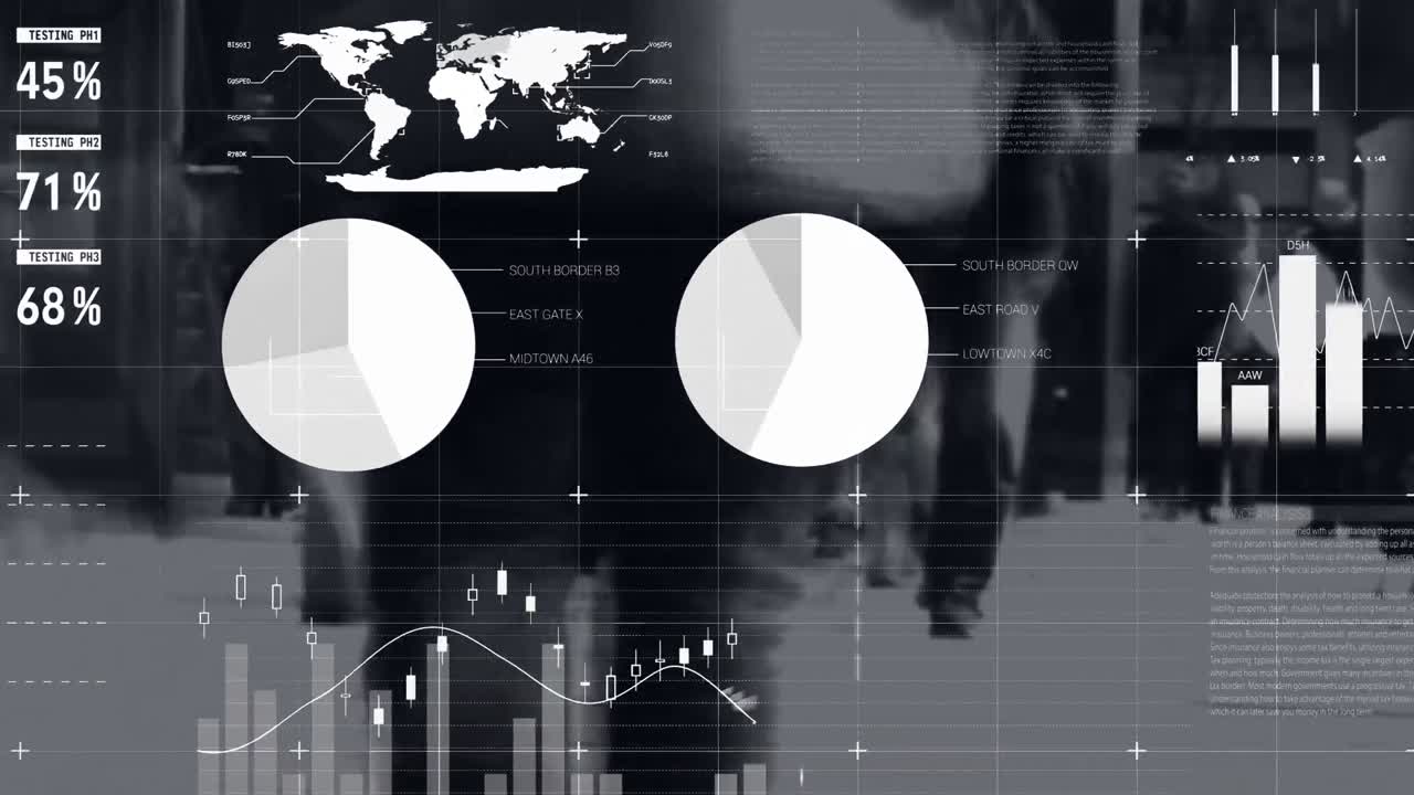 Animering av finansiell databehandling över människor som går på en stadsgata.