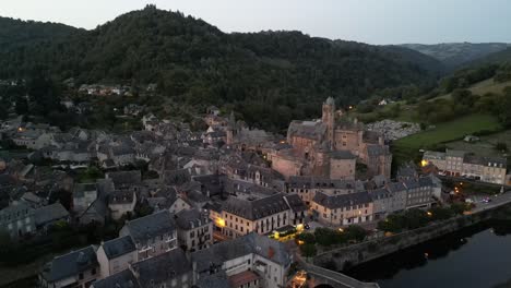 aerial view of a medieval castle town at dusk