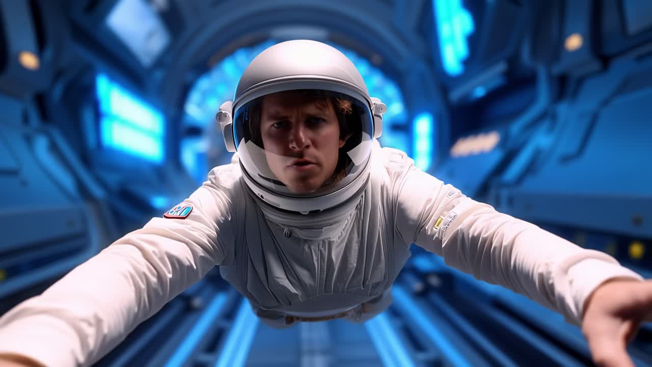 Astronaut Flying Through a Futuristic Space Tunnel