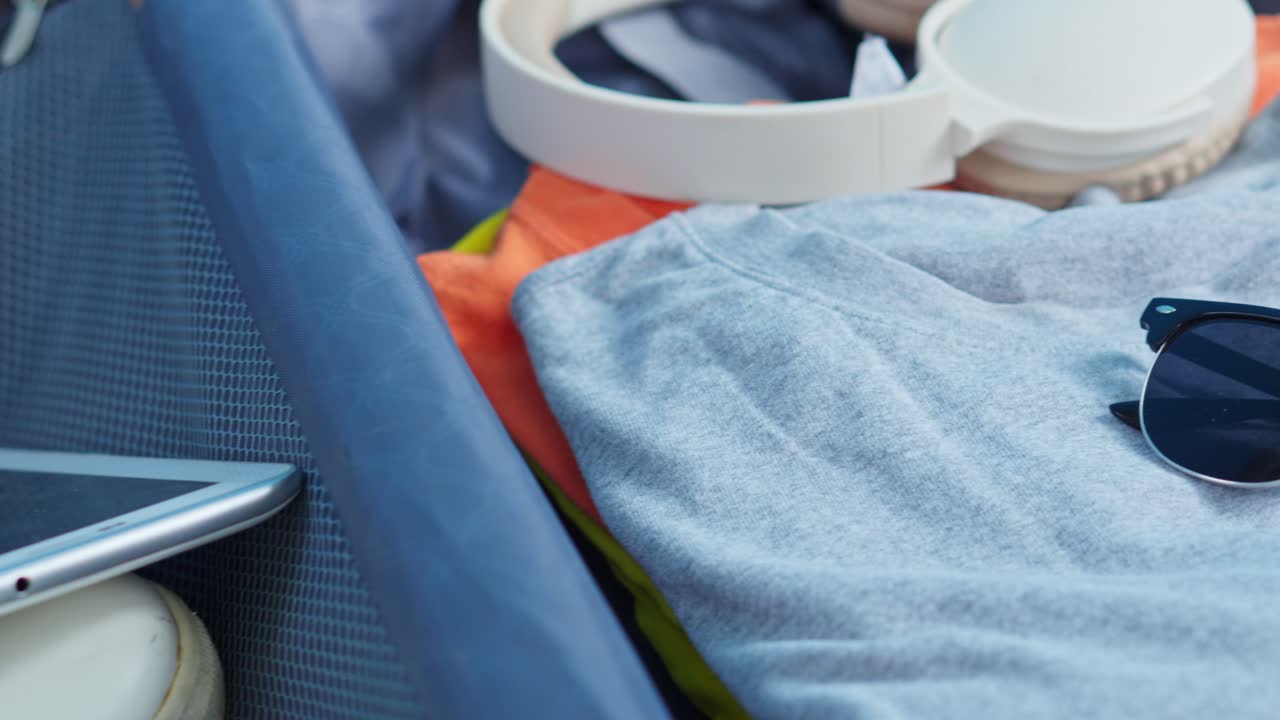 Close-up pan of packed travel suitcase with cash, tablet, headphones, and sunglasses