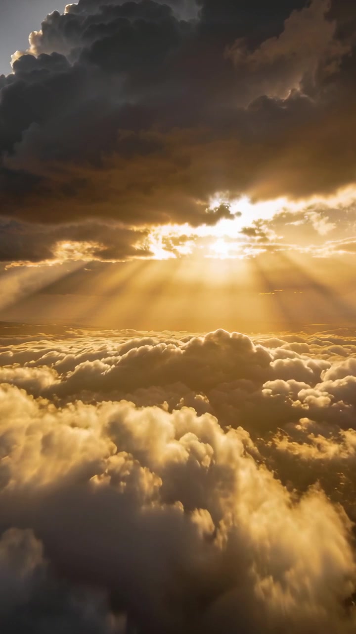 Video verticale: Si apre uno squarcio, il sole rompe un banco di nuvole scure, illuminando nuvole gonfie da una vista aerea.