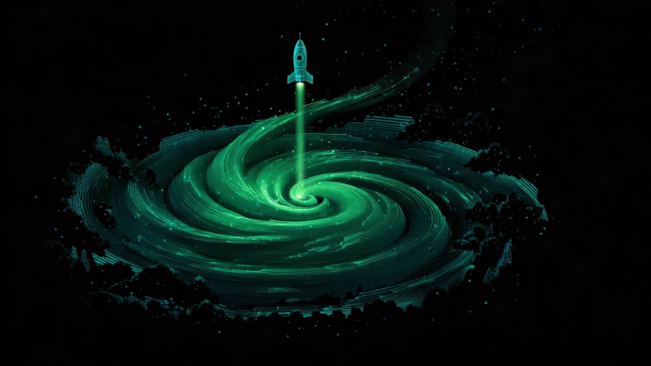 Futuristic rocket ship blasting off from the center of a swirling green cosmic vortex, embarking on a deep space exploration mission through the stars against a stark black background animation