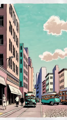retro cartoon city scenes with trolleys