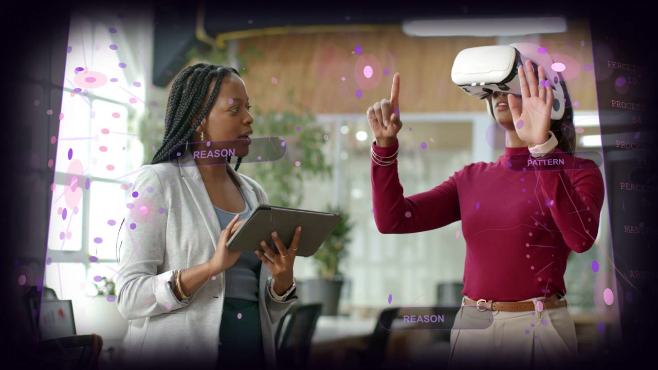 Vertical video: Diverse coworkers tapping tablet activating VR headset and testing AR overlays