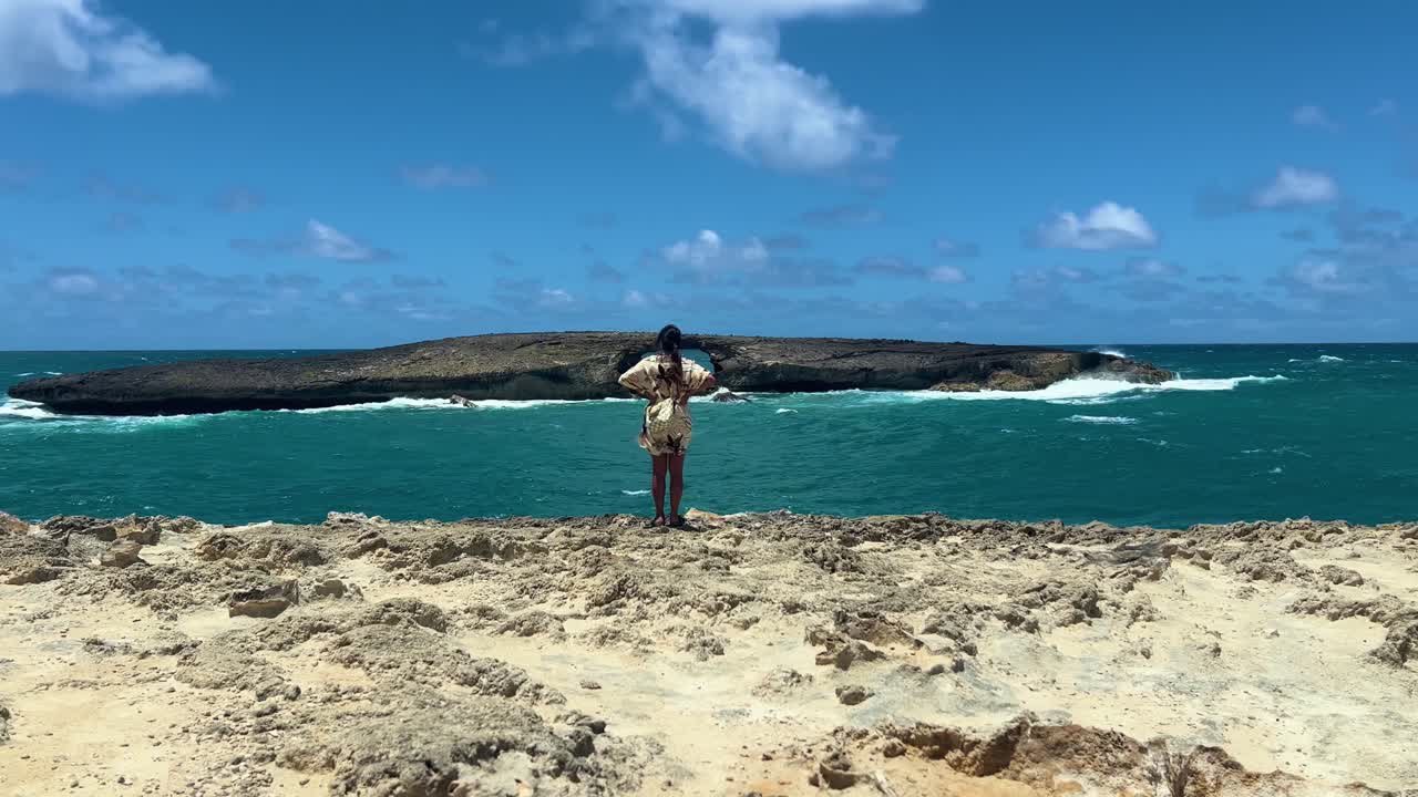 Woman overlooks island sanctuary on sunny day at Lāʻie Point, Hawaii