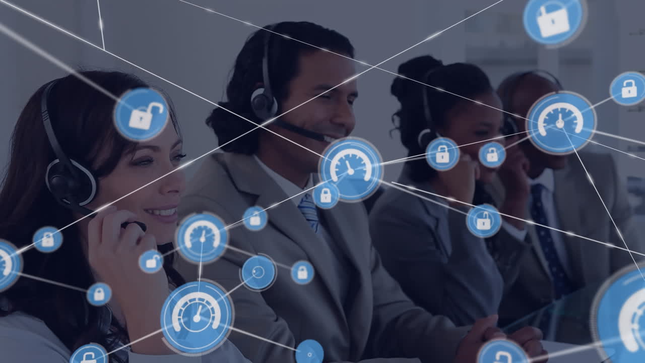 animación de una red de iconos digitales sobre diversas personas de negocios hablando en auriculares de teléfono