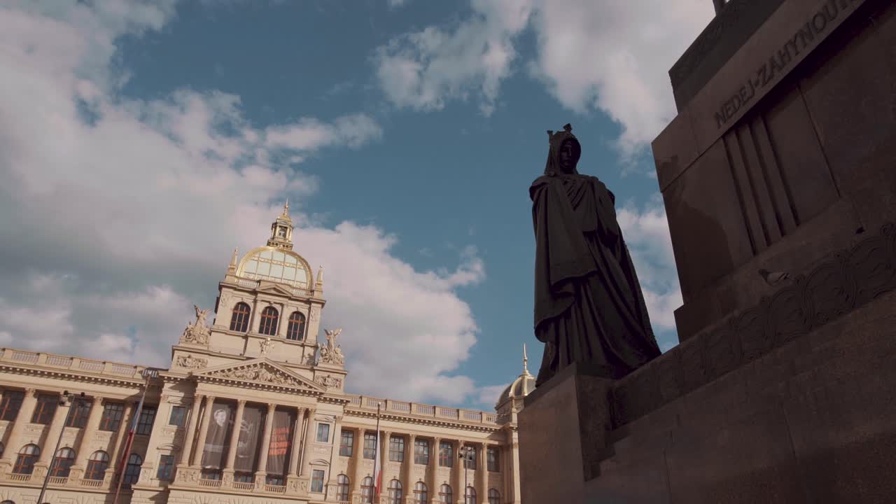 Statue of Saint Wenceslas and National Museum in Prague, Czech Republic, panning shot
