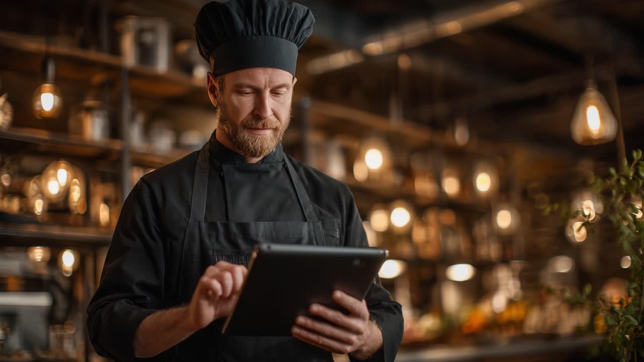 A Professional Chef Intently Engaging with a Tablet in a Cozy, Decoratively Lit Kitchen Setting, Merging Culinary Expertise with Modern Technology