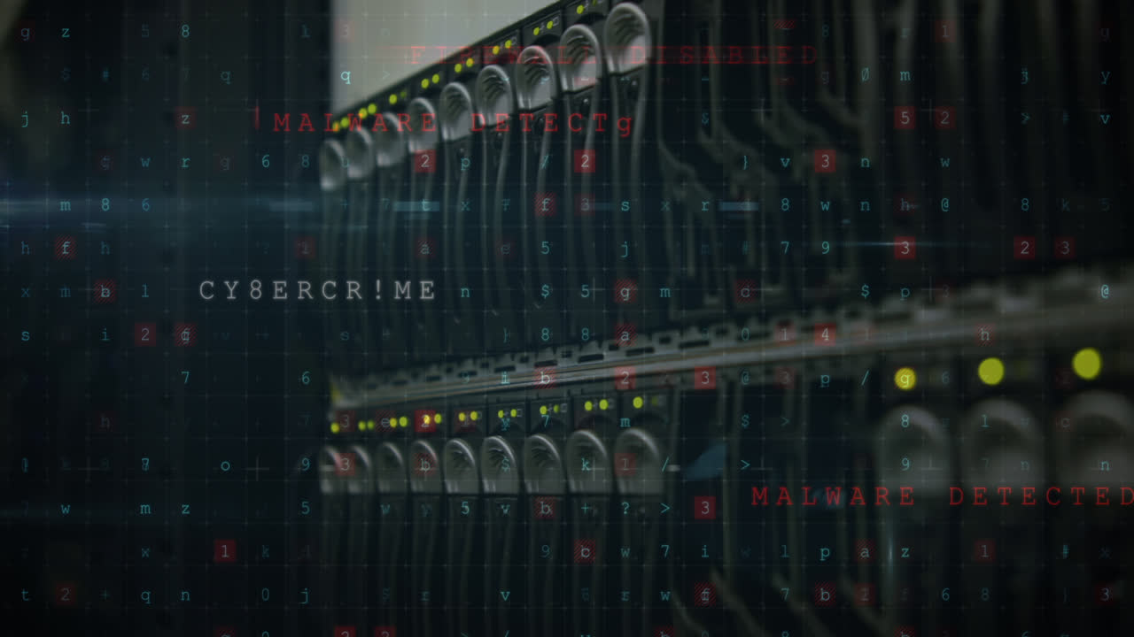 Animation of cyber attack warning over server room