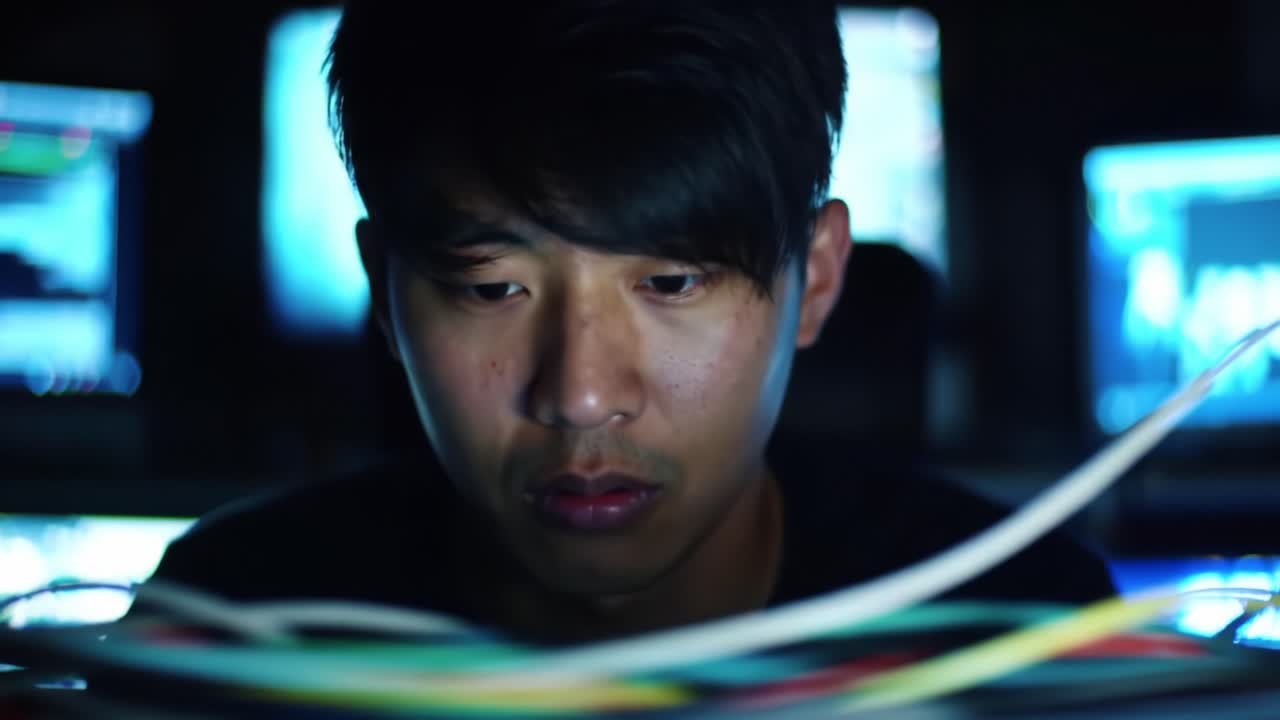 A Focused Individual Analyzing Complex Data Amidst a Network of Cables in a Dimly Lit Control Room