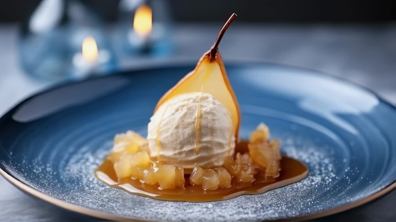 Delicious poached pear elegantly presented with vanilla ice cream on a bed of caramelized pear, all arranged on a stylish blue plate for a gourmet experience