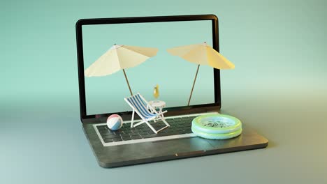 3d animation of open laptop with beach decorations