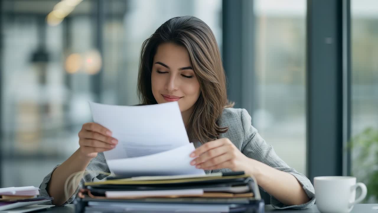 Mulher inclinada para frente, usando blazer cinza, folheando pastas no escritório e comparando páginas com uma caneca branca