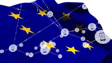 animation of network of connection and icons over ue flag