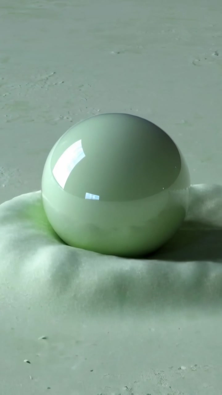 Vertical video: Pressing pale-green sphere deforming soft surface in studio, forming well