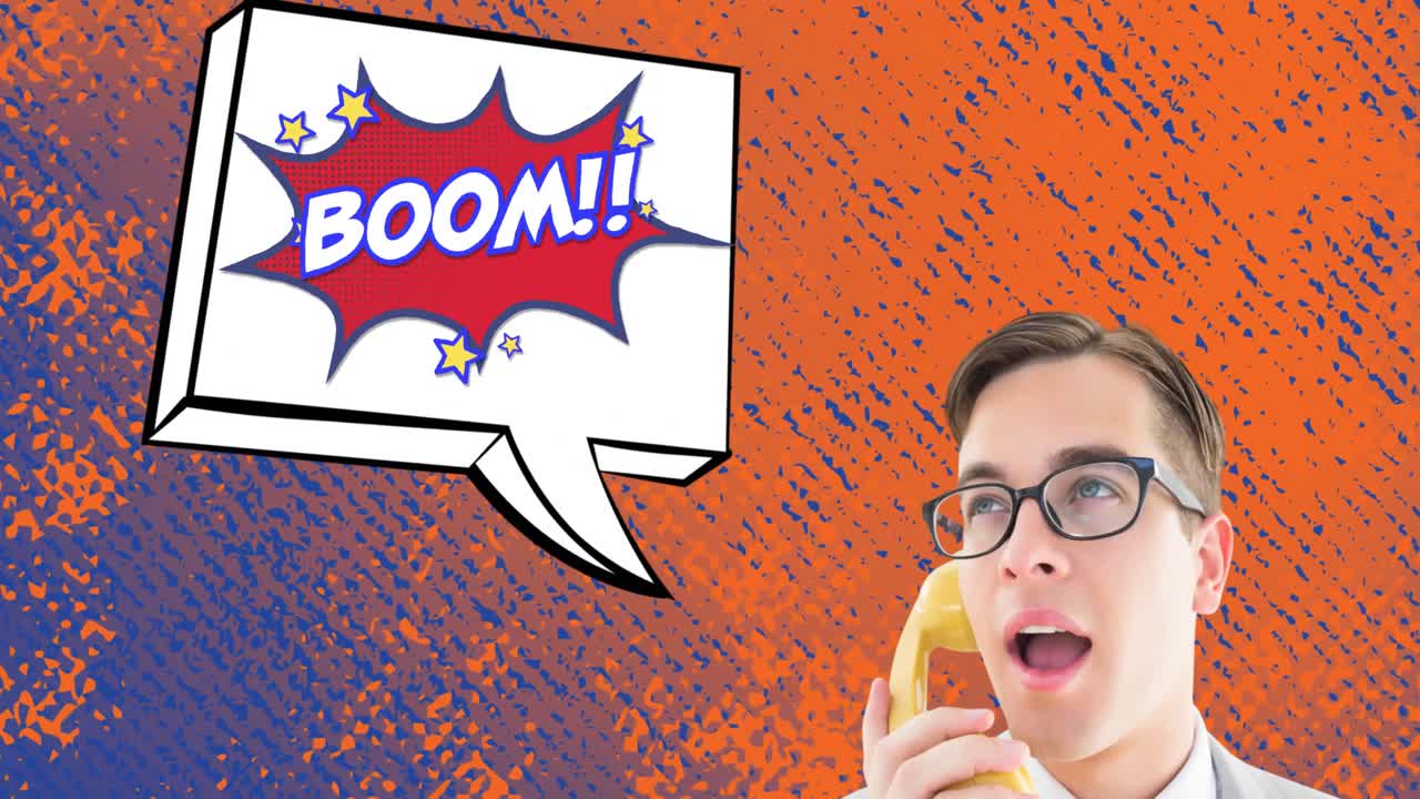 레트로 전화를 들고 웃는 남자의 애니메이션, 불안한 배경에 음성 거품에  ⁇  텍스트