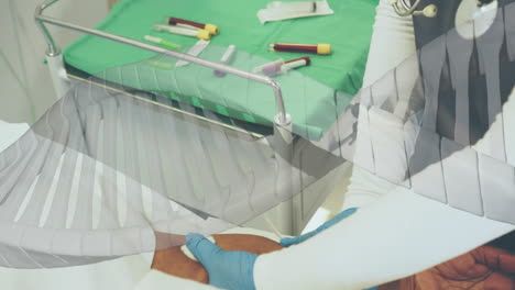 animation of dna strand over blood samples on table and doctor in hospital