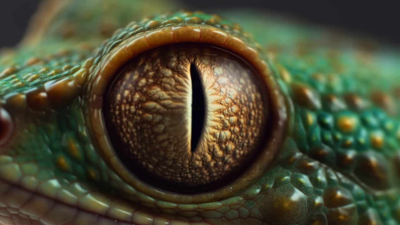Nahaufnahme Geckauge mit bernsteinfarbener Iris und strukturierten grünen Schuppen, vertikale Pupille füllt den Rahmen, intensiv wachsam