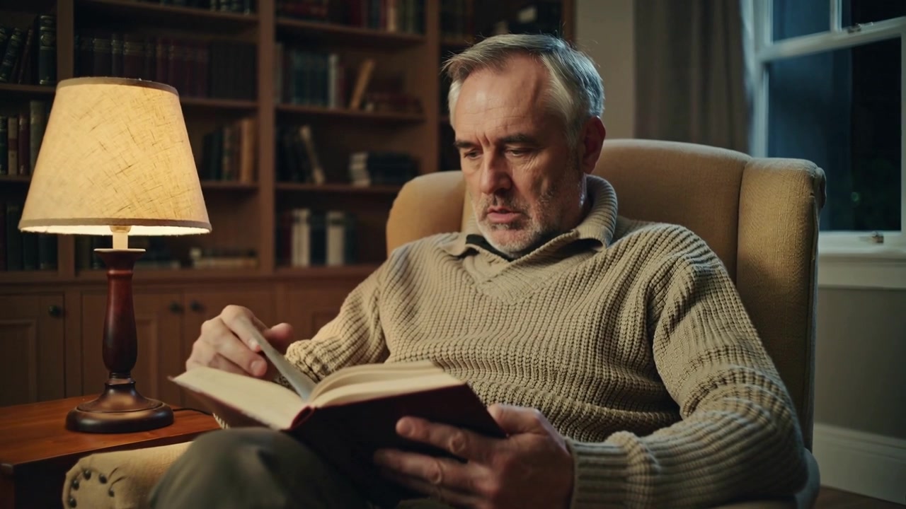 Sich niederlassender älterer Mann in beigefarbenem Pullover blättert Seiten um, liest Hardcover-Buch in gemütlichem Arbeitszimmer in Ruhe.
