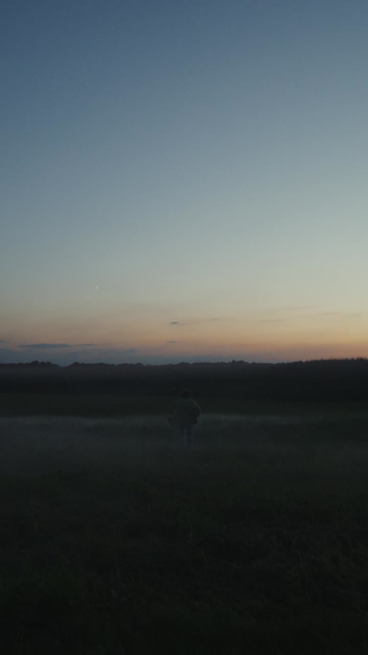 Person Walking in a Foggy Field at Sunset