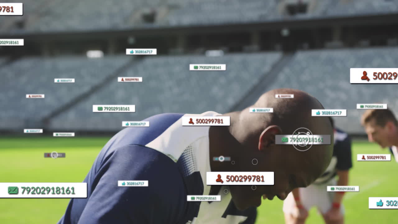 Football players on field with data processing animation overlaying their movements