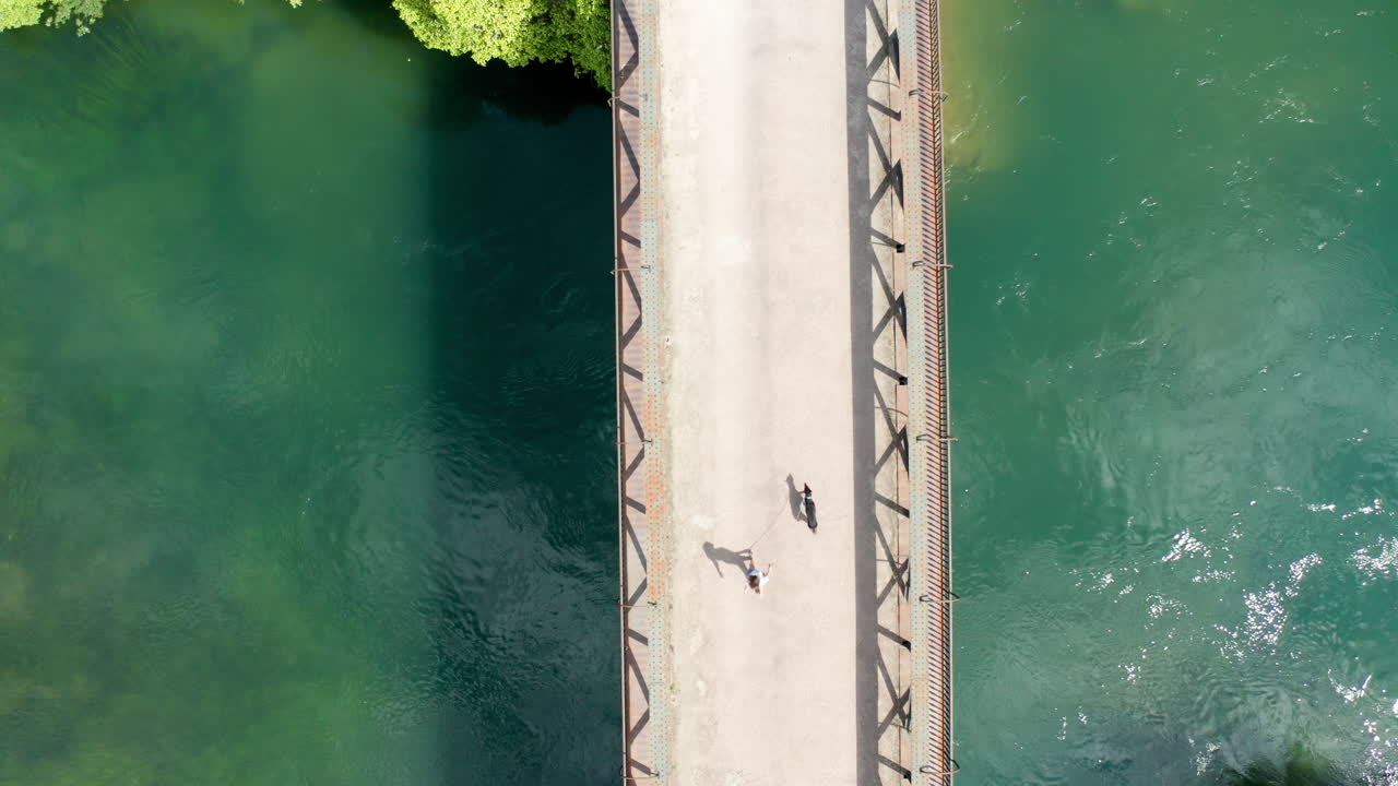 젊은 여자와 그녀의 개는 다리 위를 걷는 긴 그림자를 드리운다