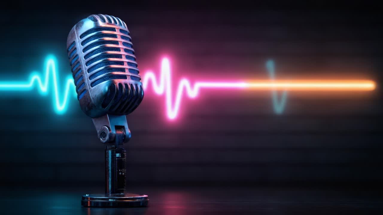 Microfono Vintage Stilizzato con Onde Sonore Colorate su Sfondo Scuro da Studio, Perfetto per Progetti Musicali e Podcast