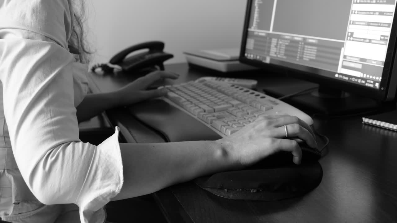 Donna che lavora a un PC in bianco e nero