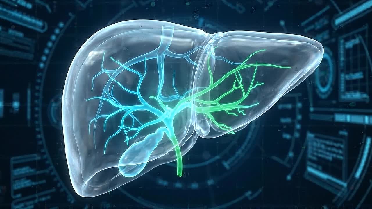 Transparent human torso showing detailed liver anatomy with surrounding organs in advanced medical visualization