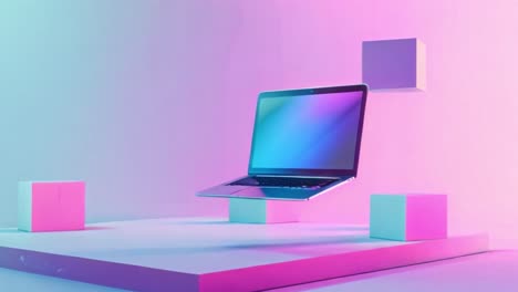 futuristic laptop display with neon pink and blue lighting