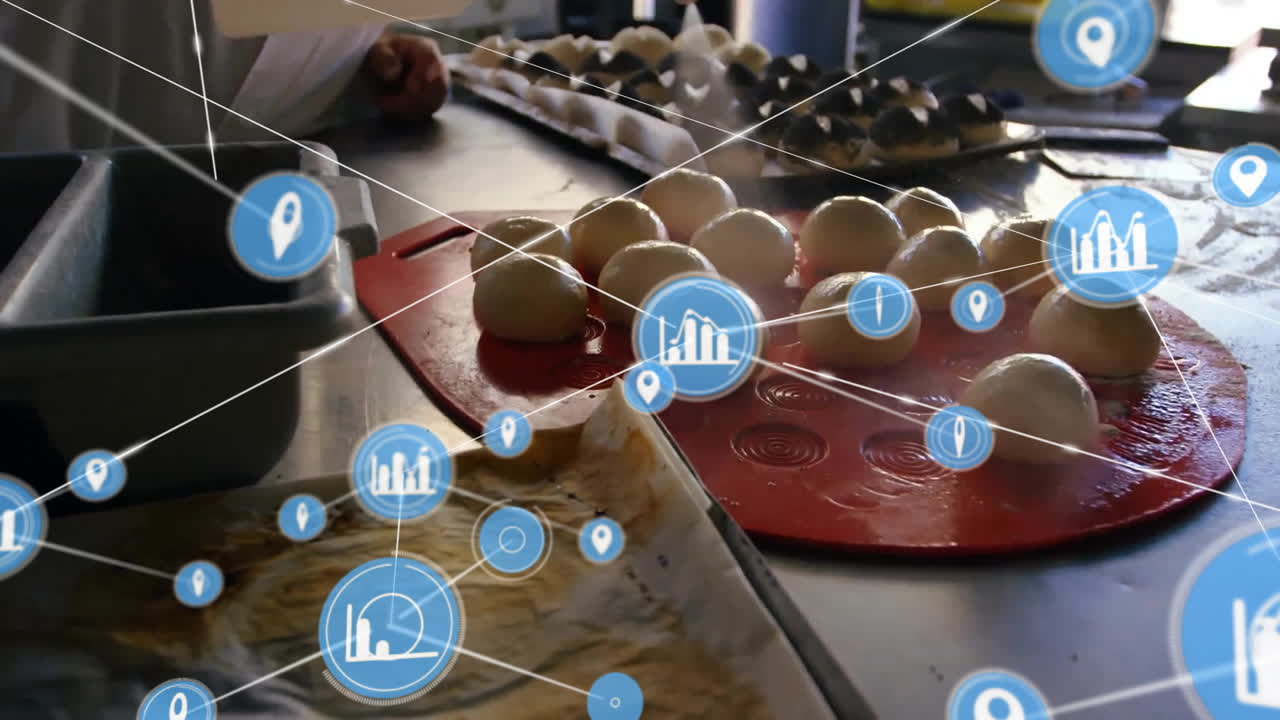 부에서 요리 재료에 대한 아이콘과 연결 네트워크의 애니메이션