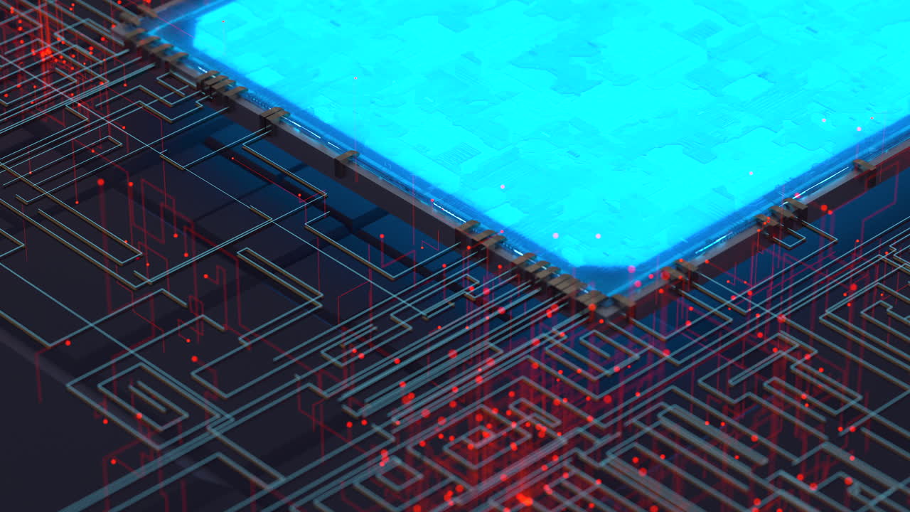 Circuit with glowing lines with dark background, 3d rendering.