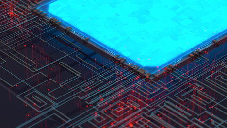 circuito con líneas brillantes con fondo oscuro, renderización 3d.