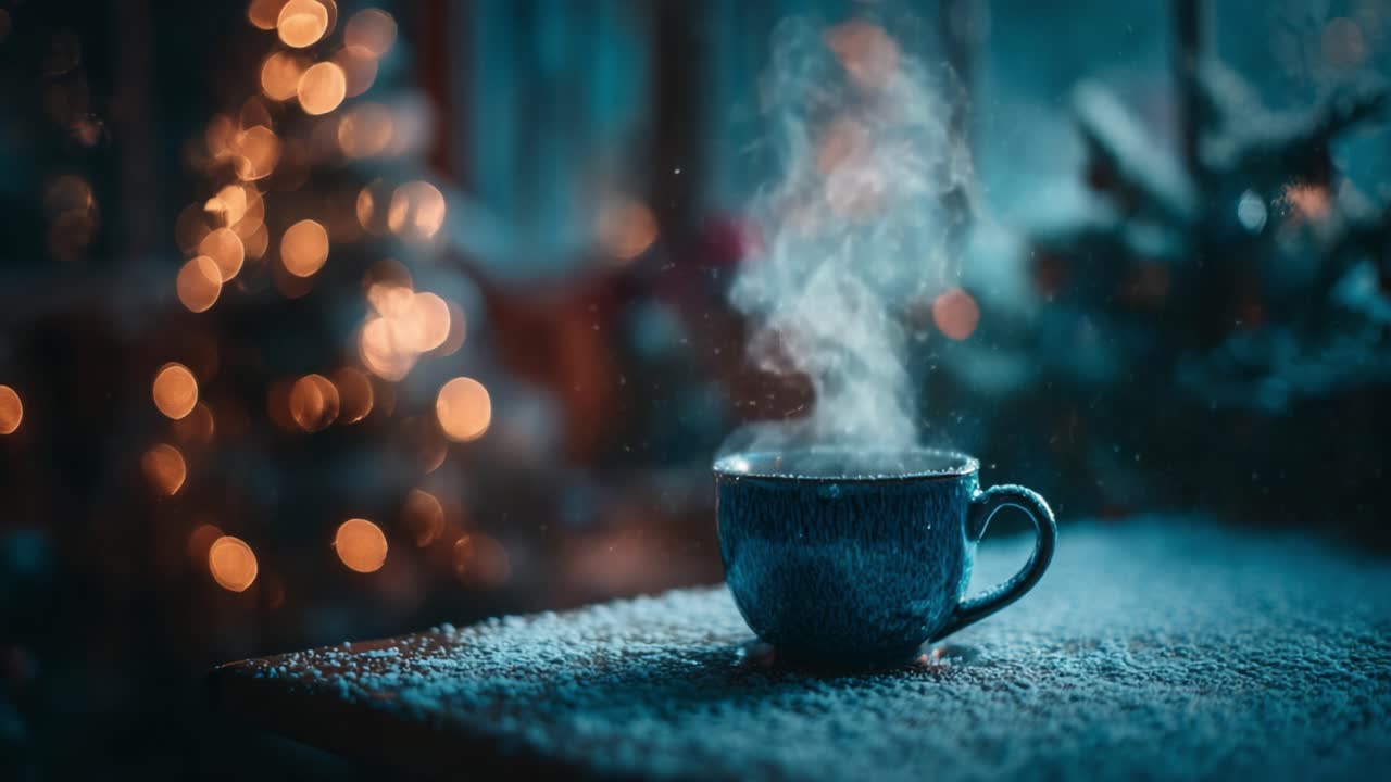 A Warm and Inviting Blue Cup of Steaming Beverage Amidst a Cozy Winter Scene with Twinkling Lights and a Festive Atmosphere